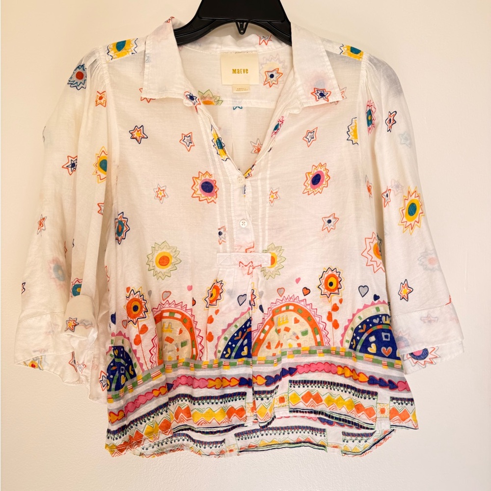 Maeve White Blouse with Multicolor Embroidery